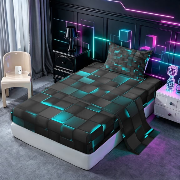 Castle Fairy Futuristic Cube Texture Twin Sheets 3pcs,Minimalist Cyan Neon Outline Bedding,Black Teal,1 Flat Sheet, 1 Fitted Sheet and 1 Pillowcase