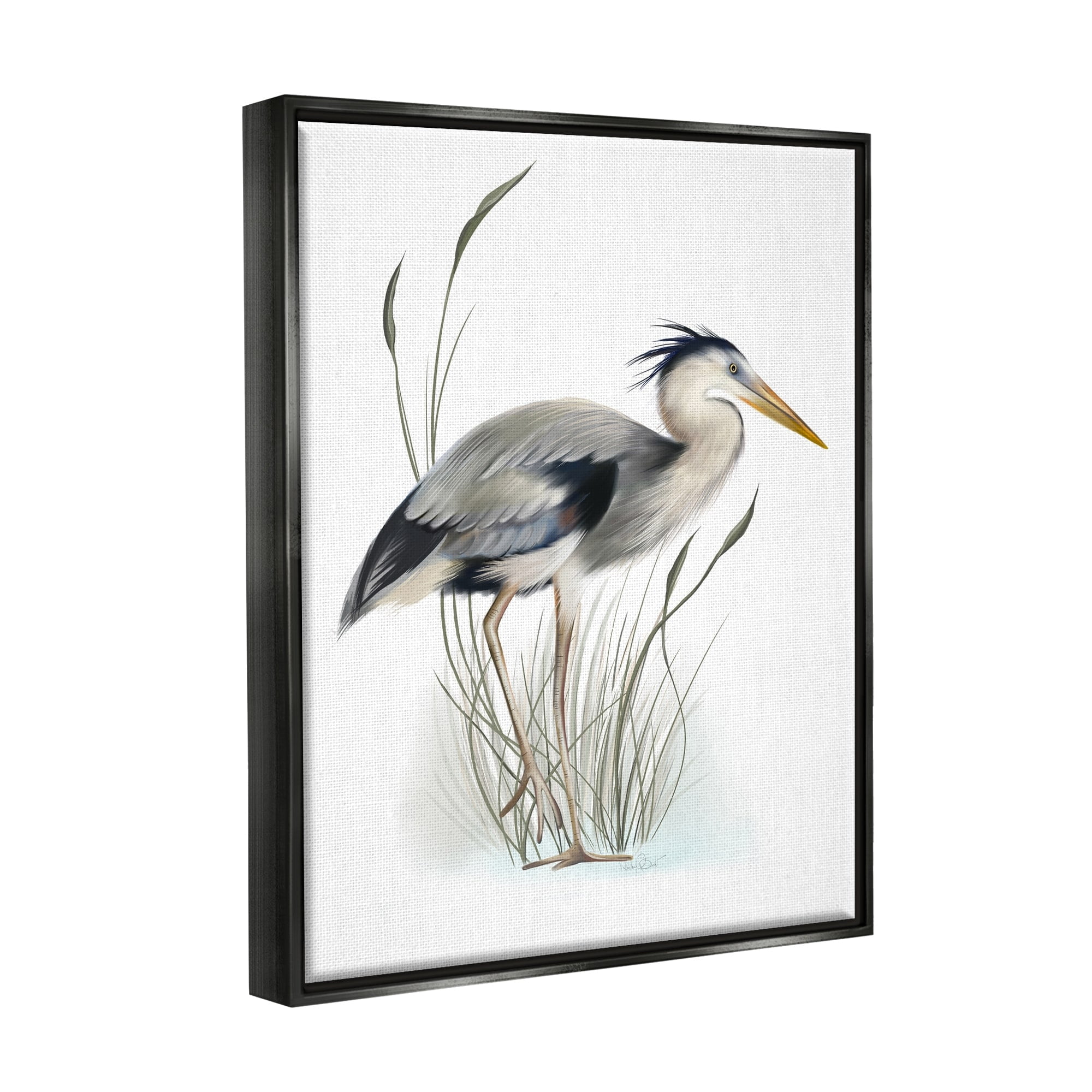 Stupell Industries Detailed Heron Bird Leering Wetland Grass Marsh Graphic Art Jet Black Floating Framed Canvas Print Wall Art, Design by Studio Q