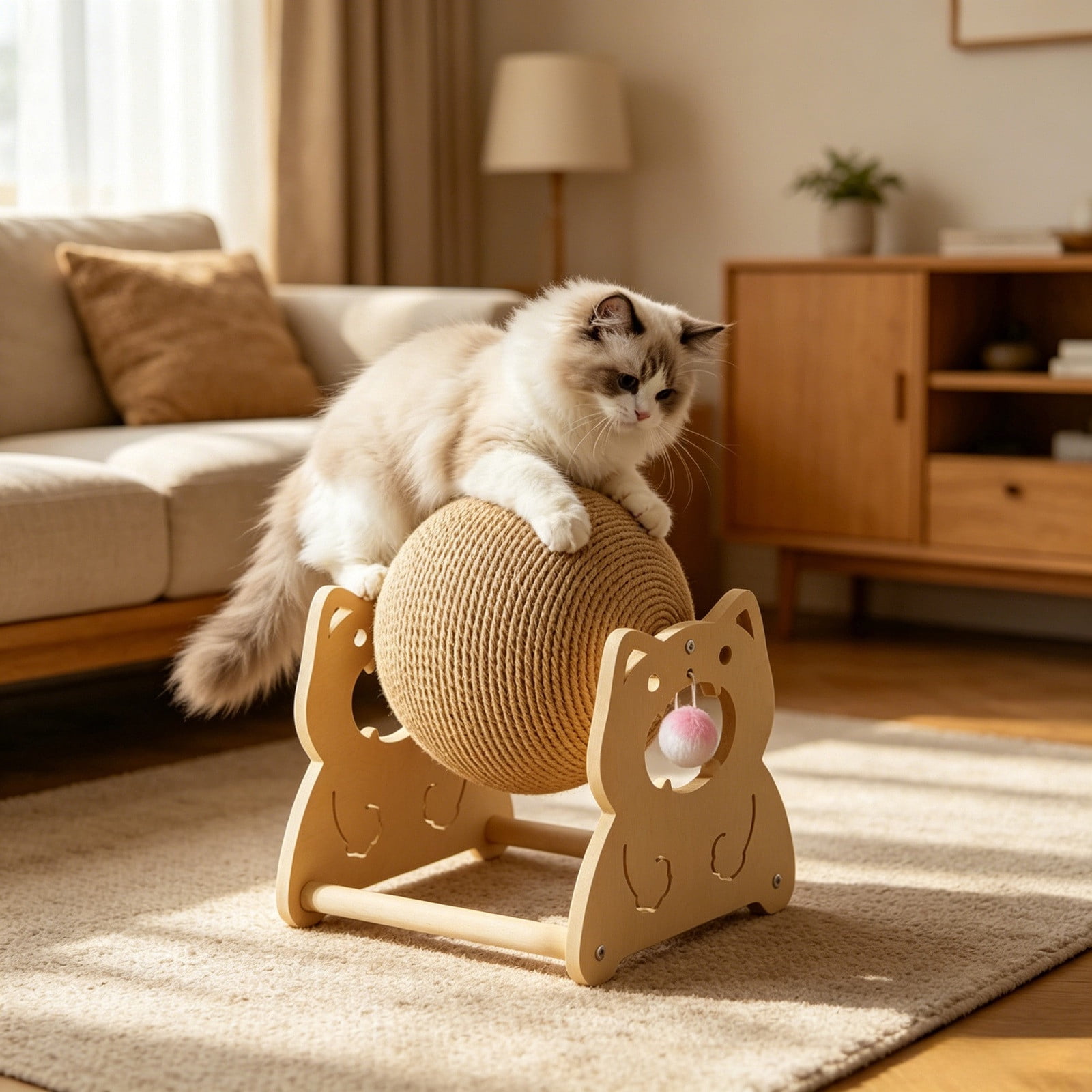 Wooden Cat Toy Cat Scratcher Ball with Natural Sisal Interactive Spinning Scratching Toy with Hanging Ball for Indoor Cats to Relieve Boredom Protect Furniture