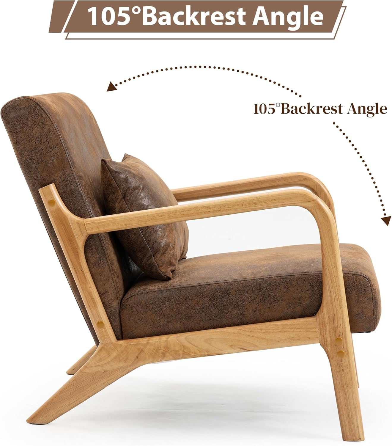 MOONMISS Mid-Century Modern Accent Chair, Velvet Fabric Arm Chair with Wood Frame and Pillow, Upholstered Armchair Comfort Reading Chair Lounge Chair for Living Room Bedroom Sunroom,Brown