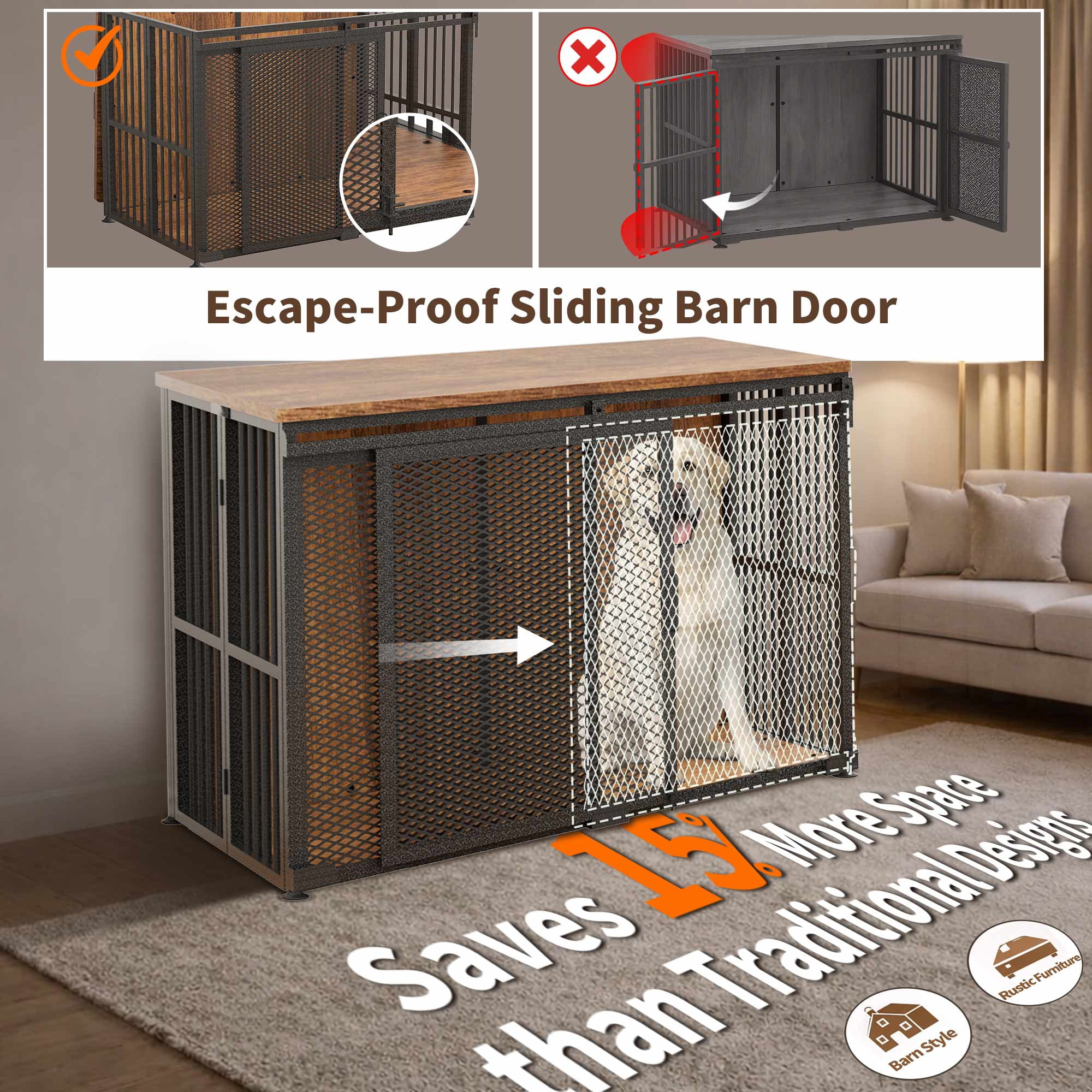 42 Inch Large Dog Crate Furniture, Foldable Setup in 30 Seconds, Sliding Barn Door, 260 LBS Top