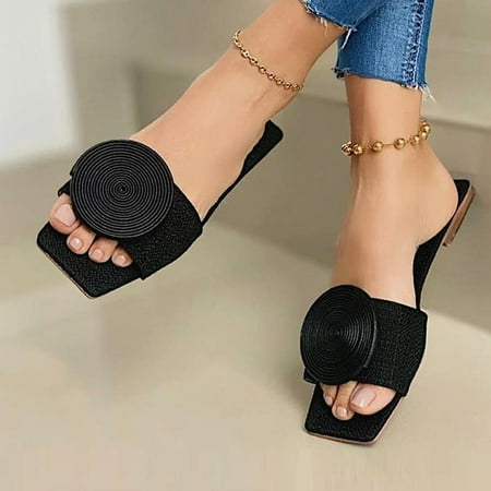 

Solid Round Buckle Decoration Flat Sandals Fashion Women Flat Sandals Beach Slides For Women 40 Coffee