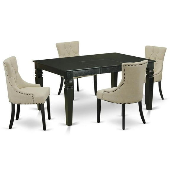 WEFR5-BLK-02 5Pc Dining Set Includes a Rectangle Dinette Table with Butterfly Leaf and Four Parson Chairs with Light Beige Fabric, Black Finish