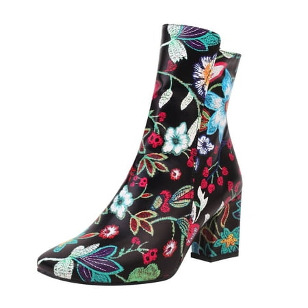

Mackneog womens flat dress shoes Ladies Autumn And Winter Fashion Elegnt Embroidered Printing Retro Thick Heel Round Toe Zipper ComfortableNot To Wear Feet In The Boots PU