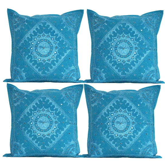 DK Homewares Ethnic Decorative Couch Throw Pillow Covers 24 x 24 Inch Cotton Embroidered Bohemian Boho Square Toss Cushion Covers (Size - 60x60 cm ; Color: Turquoise ) - Set of 4 Pcs (Cover Only)