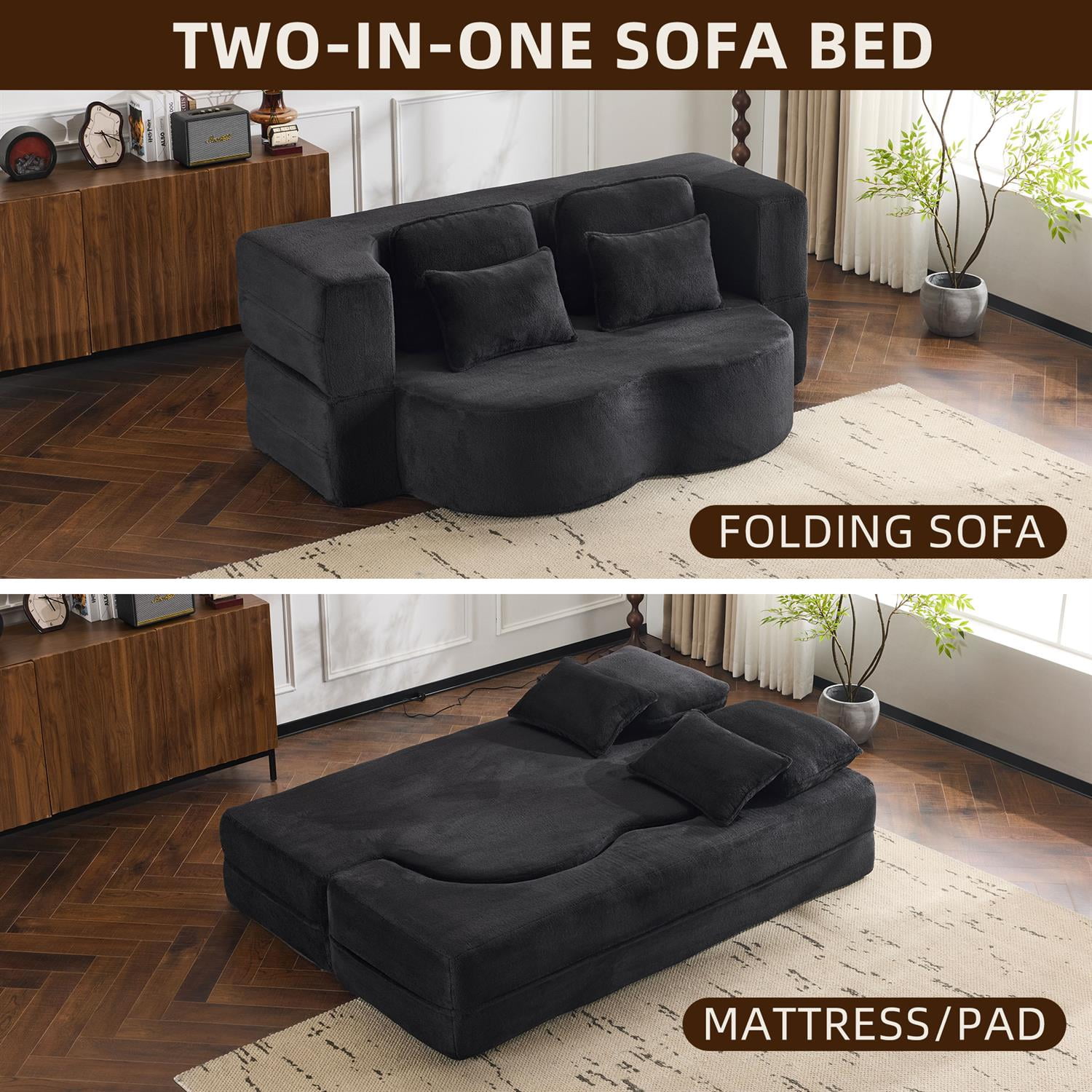 Demi Bonn 78" Foldable Sofa Bed, Chenille Futon Couch, High-Density Foam Convertible Sleeper Sofa for Living Room, Guest Room, Bedroom, Black