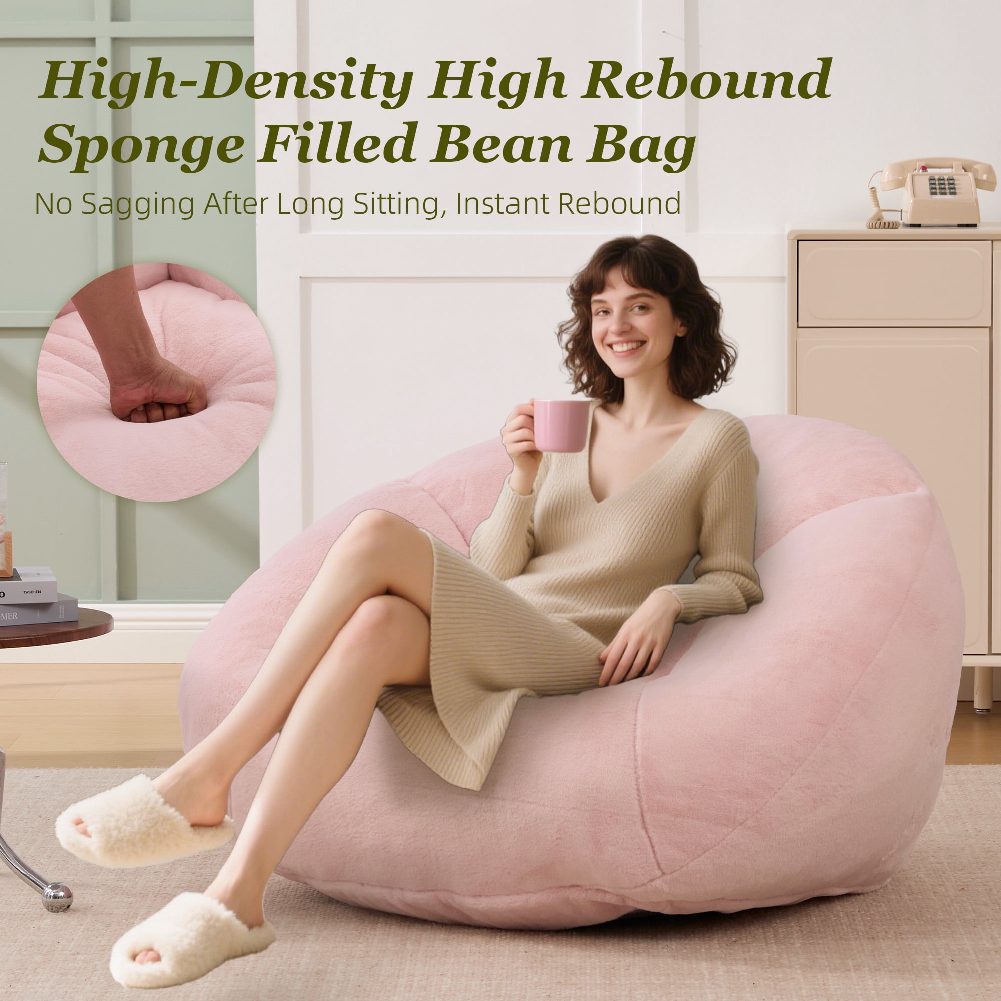 MOONMISS Bean Bag Chair for Adults & Teen,Floral Shaped Memory Foam Deep Sink-in Breathable Faux Fur Bean Bag Sofa,Easy to Clean for Living Room & Dorm,Pink