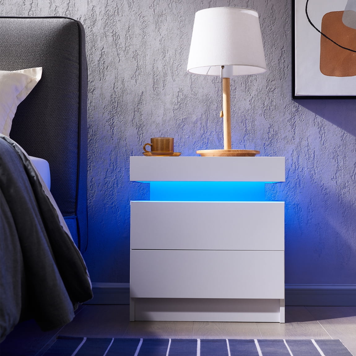 Nightstand LED Bedside Table Cabinet Lights Modern End Side with 2 Drawers for Bedroom (White)