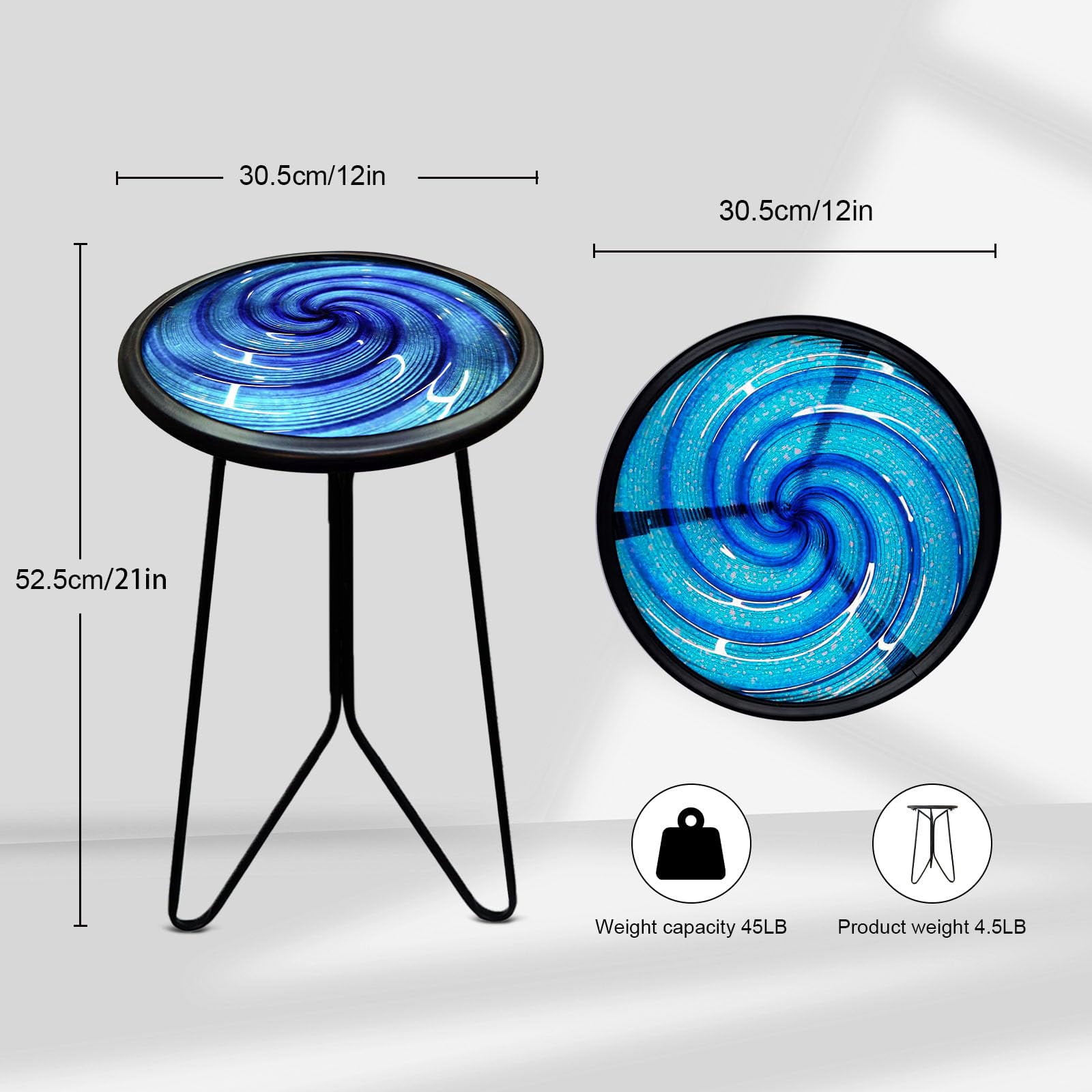 Liffy Blue Glass Side Table- 20 inch Height Vortex Metal End Table ,Plant Stand for Home