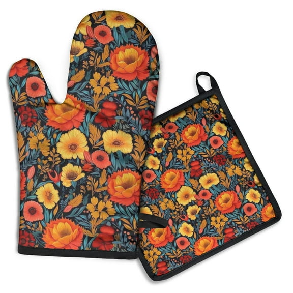 Pioneer Flower Kitchen Oven Mitt and Pot Holder Sets 2 Pcs for Baking, Cooking and Grilling, Heat Resistant Up To 392 °F