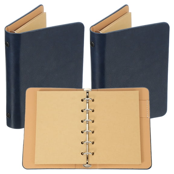 Uxcell 6 Ring Binder Cover, 2 Pack A7 kraft Leather Notebook Binder Mini Refillable Loose Leaf Personal Planner with 50 Sheets Paper, Dark Blue