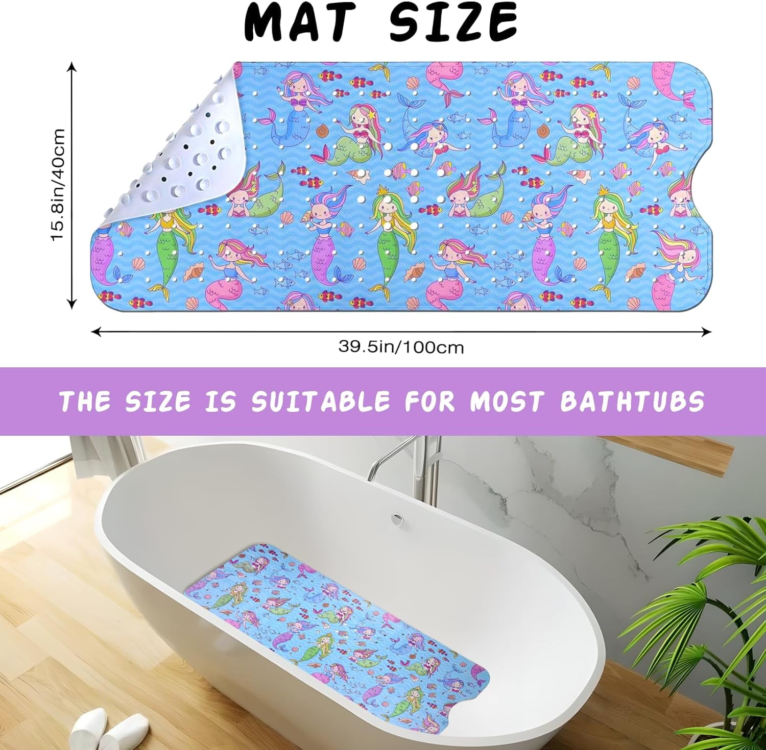 Mermaid Bathtub Mat Non Slip Shower Mat Extra Long Anti Slip Bath Mats for Tub with Suction Cups and Drain Holes