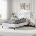 thumbnail image 3 of 4 EVER WINNER Twin Bed Frame with Headboard, Upholstered Platform Bed with Button Tufted Design, Faux Leather Bed Frame with Wooden Slats Support, No Box Spring Required, Easy Assembly, White, 3 of 8