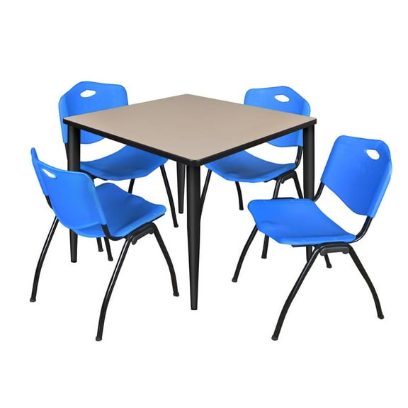 Regency Kahlo 36 in. Square Breakroom Table- Beige Top, Black Base & 4 M Stack Chairs- Blue
