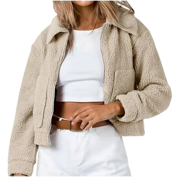 HTNBO Womens Cropped Zip Up Lapel Shaggy Teddy Fleece Jacket Faux Fur Coat