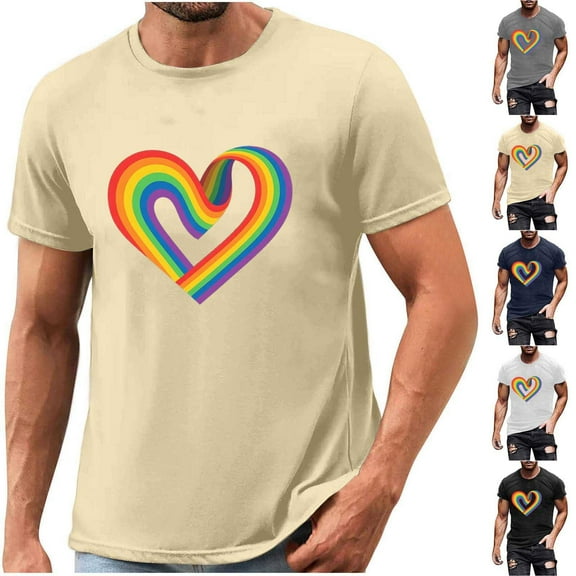 Ropa de Verano Para Mujer! lcziwo T Shirts for Man Summer Going Out Tops Loose Crewneck Short Sleeve Shirts Cotton Basic Tees Novelty Heart Graphic Print Blouse Khaki S