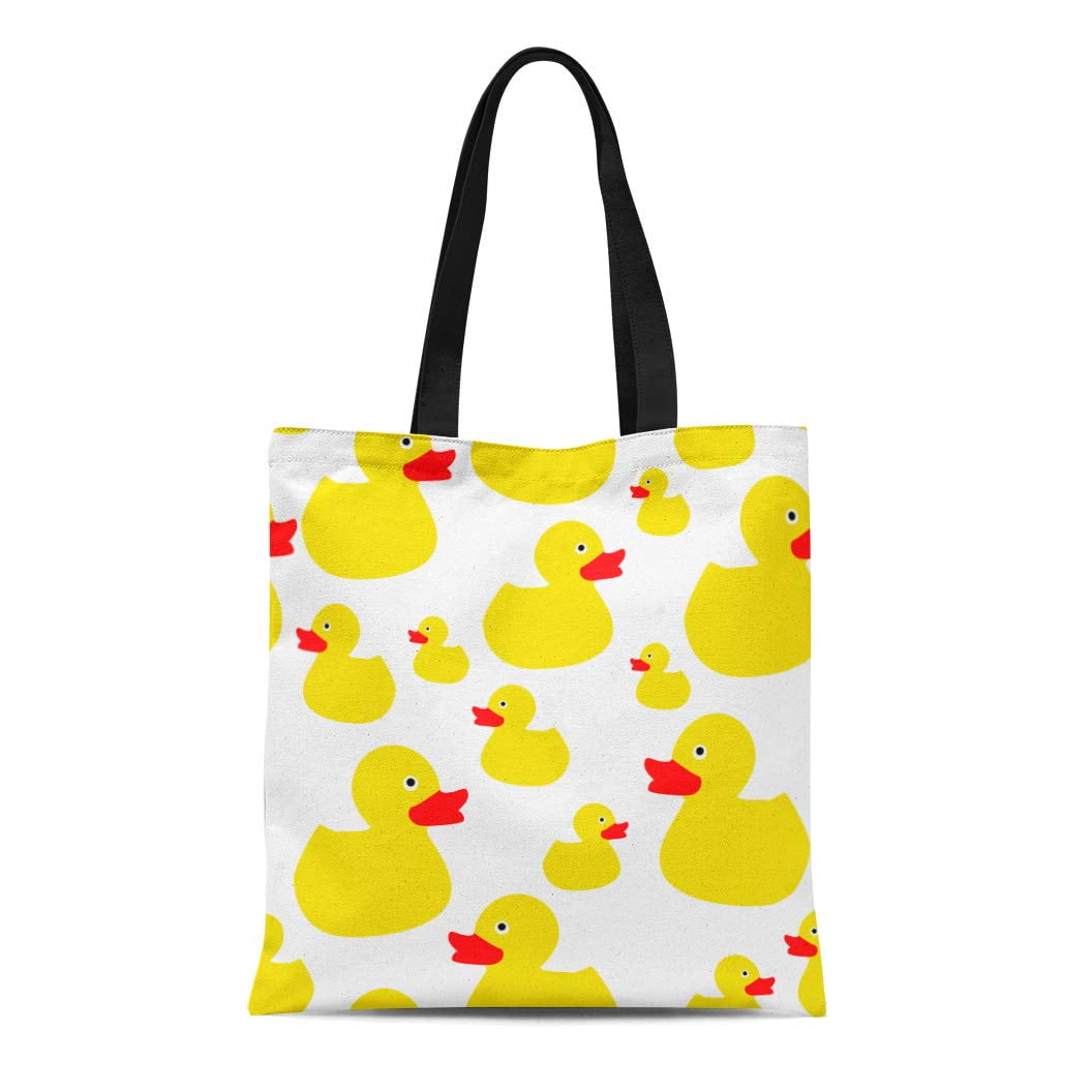 KDAGR Canvas Tote Bag Blue Yellow Rubber Ducks Abstract Character Tiled Pattern Orange Reusable