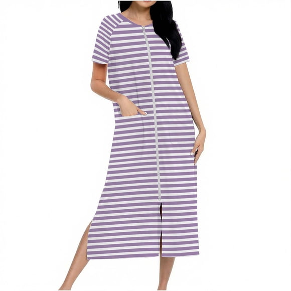 Robes for Women Regular Size/Zip Up Long Housecoat Knit Full Length Bathrobe for Women All Season Home and Outdoor Wear