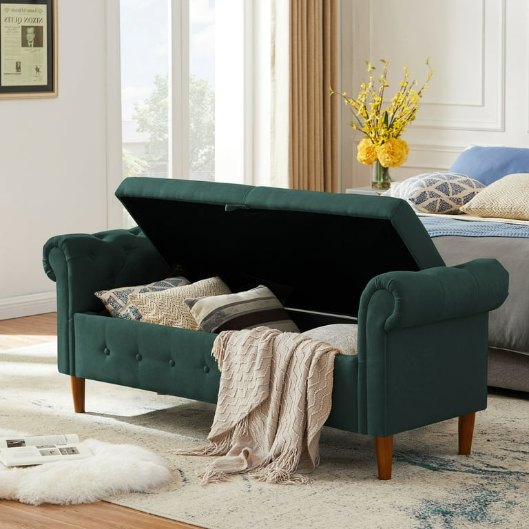 HUTWIFE 63 Linen Fabric Storage Bench for Bedroom End of Bed Rolled Armed Ottoman Couch Olive Green