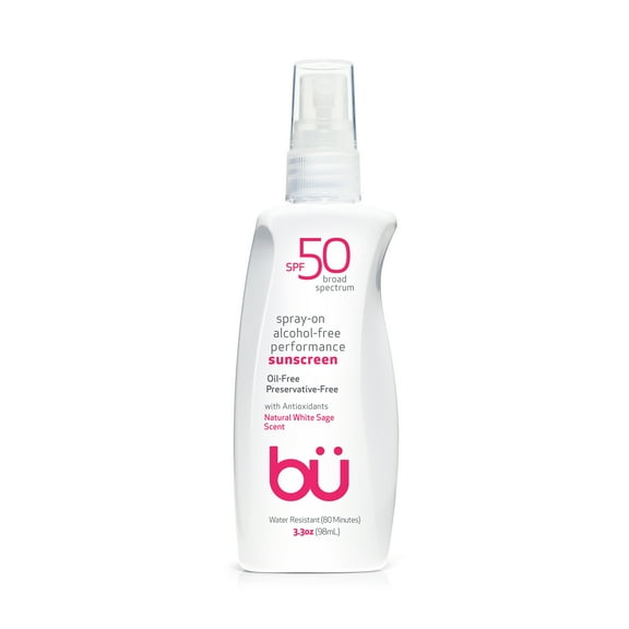Bu SPF 50 - Sustainable Sunscreen Spray, Travel Size Organic for Sensitive Skin - Oil-Free, Alcohol-Free, Non Comedogenic (White Sage, 3.3 Ounce)