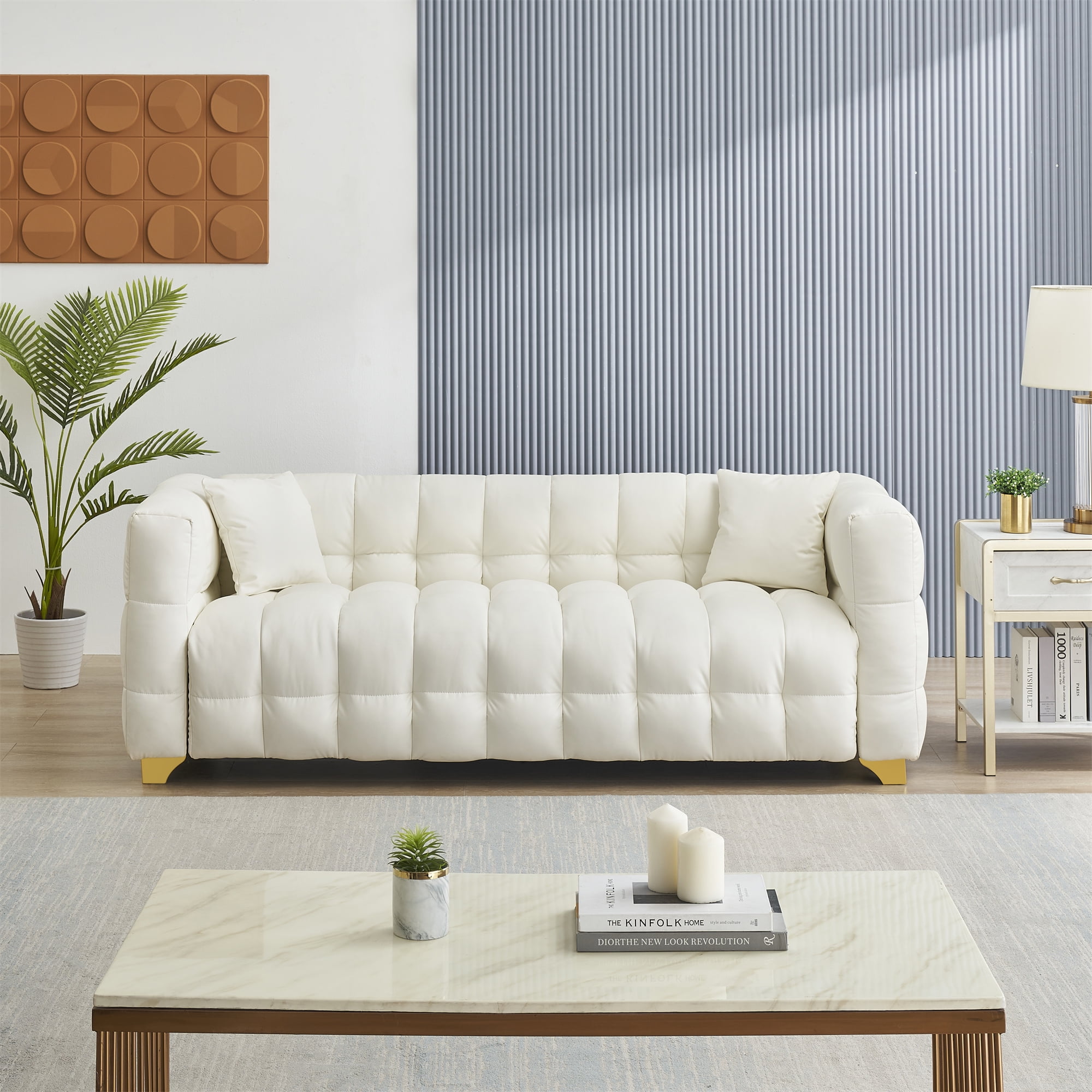 Aukfa 80" Modern Comfy Sofa, Deep Tufted Couch for Living Room, 2 Pillows, Leathaire, Beige