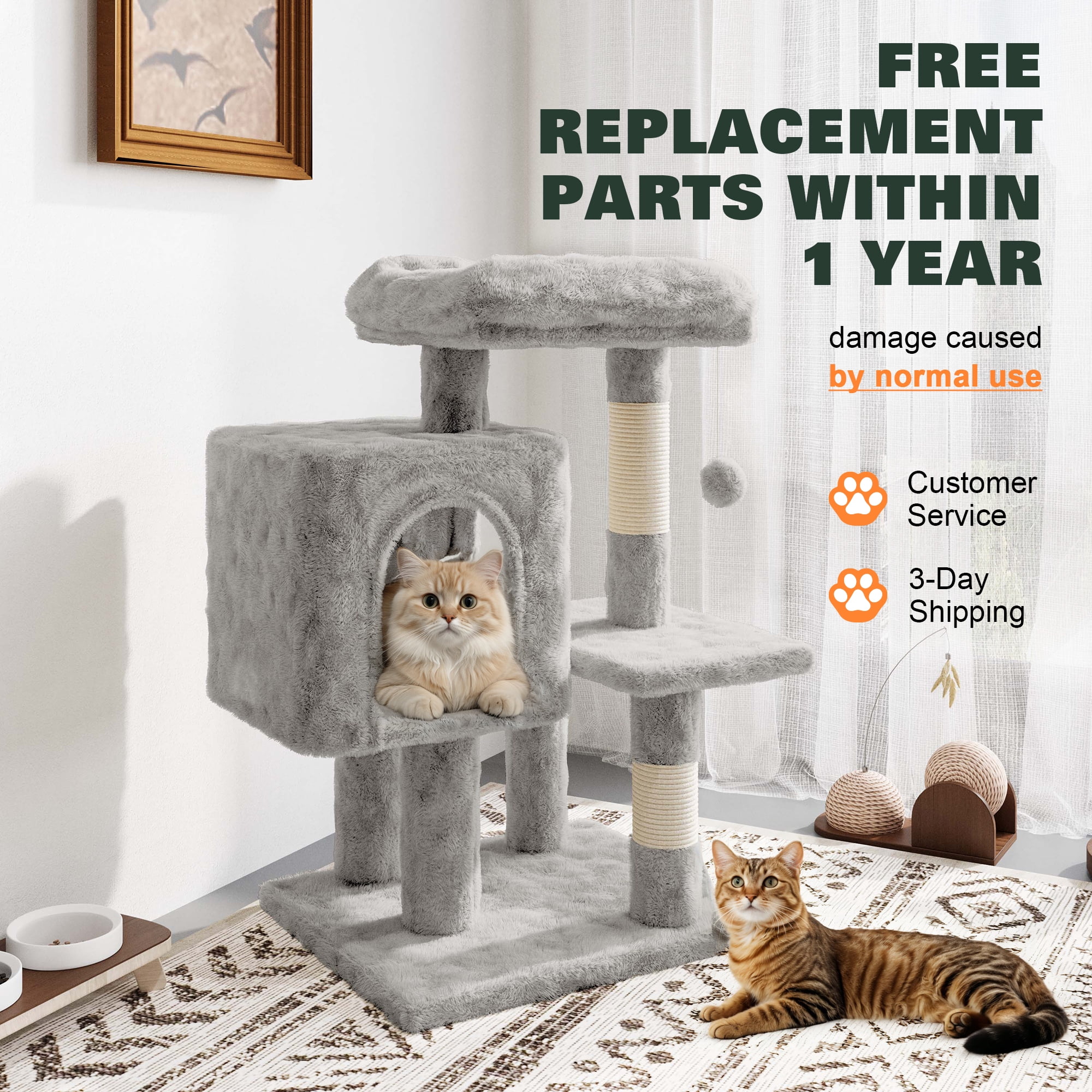 Amolife 29.1" Small Cat Tree Tower with Plush Cat Condo Perch Sisal Scratching Posts for Indoor Cats and Kittens, Grey