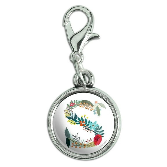 Letter S Floral Monogram Initial Antiqued Bracelet Pendant Zipper Pull Charm with Lobster Clasp