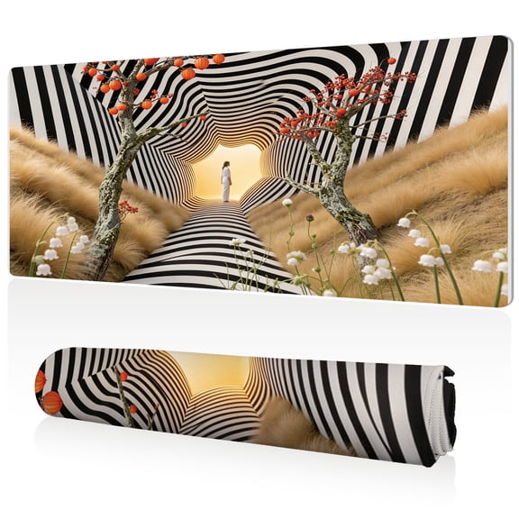 LIVEKEY XL Mouse Pad 80x40x0.3cm Fantasy Black White Tunnel with Glowing Figure Trees and Flowers Design Full Desk Coverage Non Slip Durable Easy Clean Stitched Edges for Gaming and Office