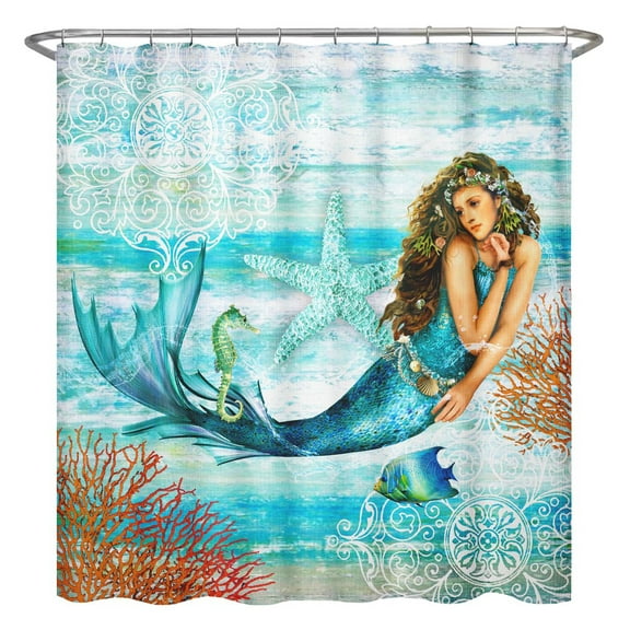 ELC Designs Group Fantasy Swimming Mermaid Print Polyester Cloth Shower Curtain, Hooks Included, Bathroom Home Décor, 72 X 72