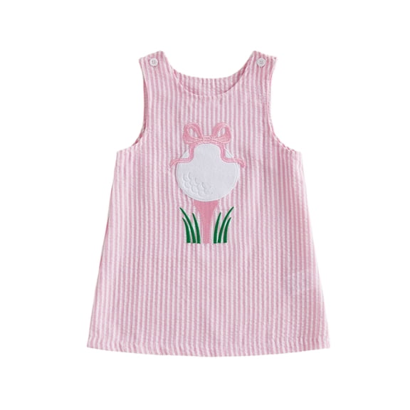 BemeyourBBs Toddler Baby Girl Gold Dress Outfits Summer Tank Overall Dress Golf Bow Embroidery Stripe Sleeveless Round Neck A-Line Dress