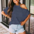 thumbnail image 2 of IROINNID Women Casual T-shirt Strapless Solid Diagonal Short Sleeve Round Neck Loose Blouse, 2 of 4