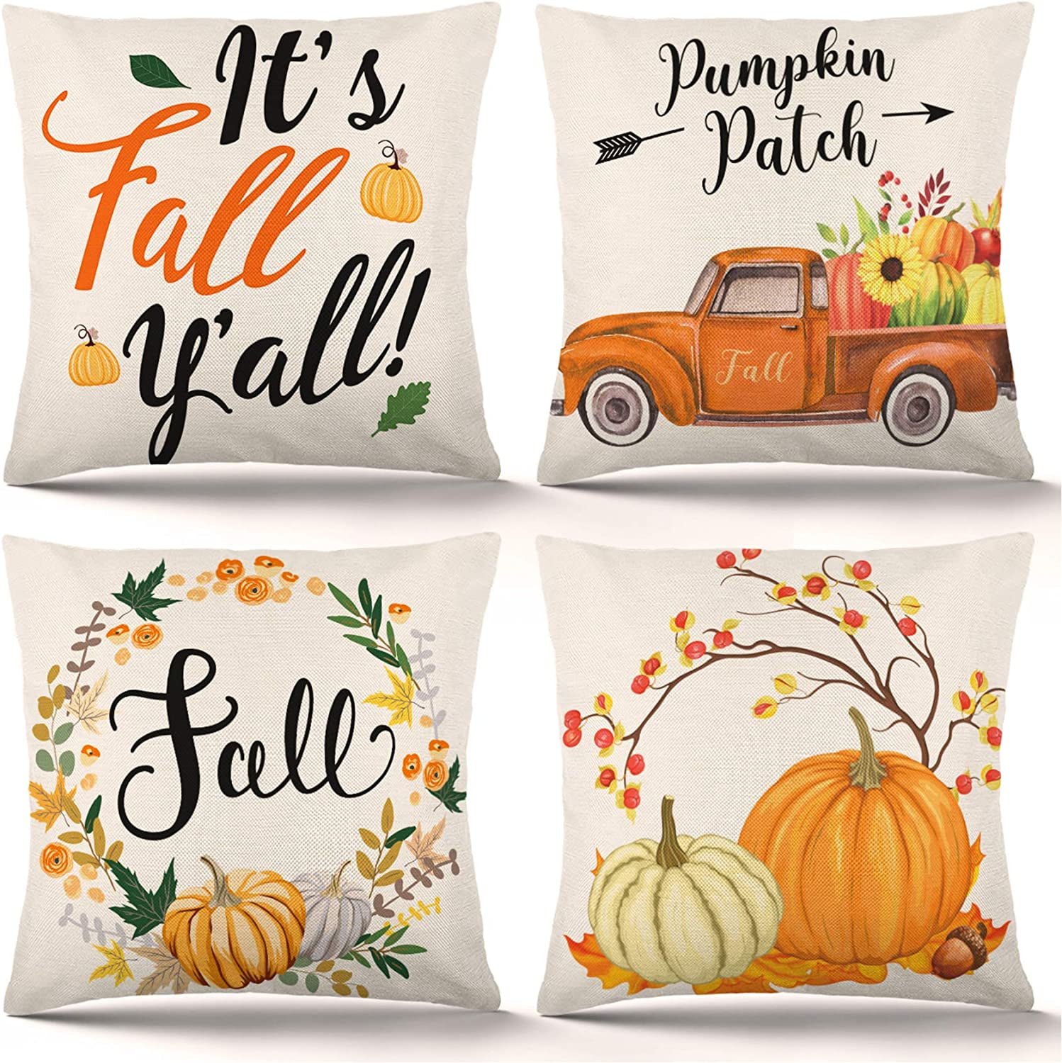 DecorX Fall Pillow Covers 18×18 Inch Set of 4 Autumn Pumpkin Pillow