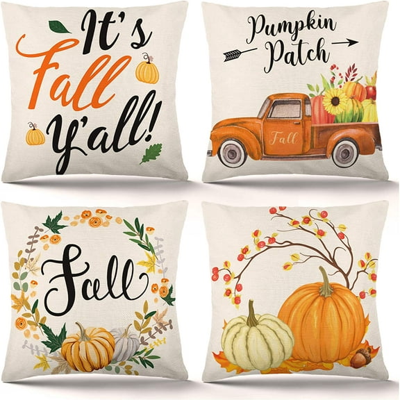 DecorX Fall Pillow Covers 18×18 Inch Set of 4 Autumn Pumpkin Pillow Covers Holiday Rustic Linen Pillow Case for Sofa Couch Farmhouse Thanksgiving Fall Decorations Throw Pillow Covers