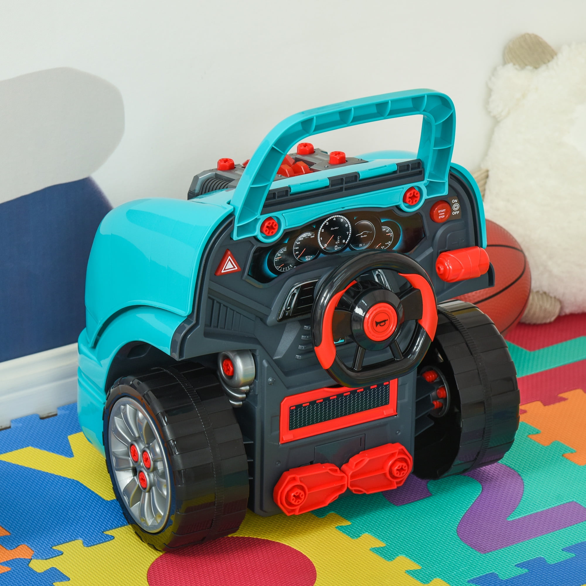 Qaba Mechanic Kids Truck Engine Toy Set, Car Service Playset, Engine Disassembly Play Workshop, 61 Pieces, Steering Wheel, Horn for 3-5 Years , Teal