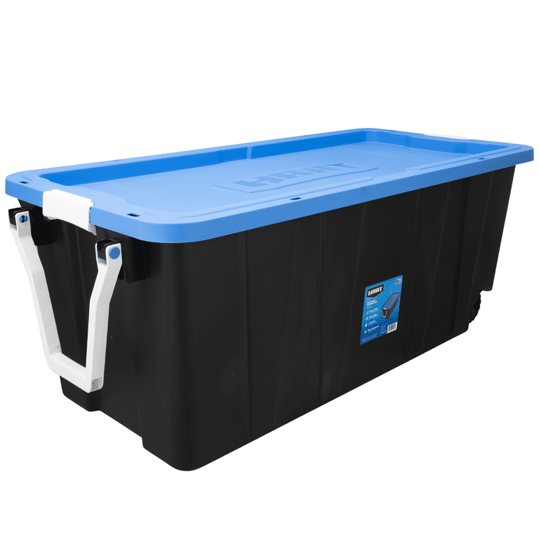 Hart 50 Gallon Rolling Plastic Storage Bin Container with Pull Handle, Black with Blue Lid, Set of 2