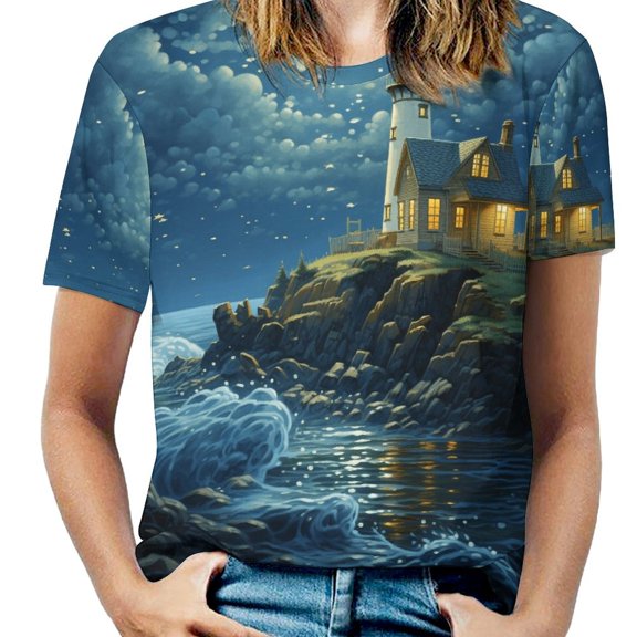 Lighthouse Sunrise Coast Scenery Pale Blue Tan T Shirts Basic T-Shirt Short Sleeve Ladies Tee Shirt Summer Graphic Clothing