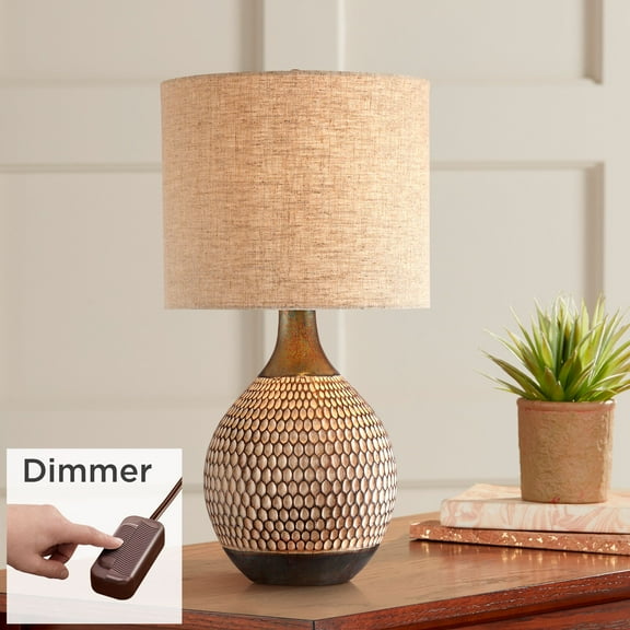 360 Lighting Emma Modern Mid Century Accent Table Lamp 21" High Wood Brown Ceramic with Table Top Dimmer Oatmeal Drum Shade for Bedroom Living Room