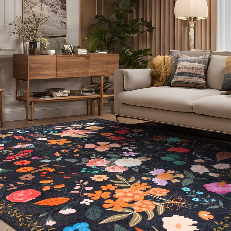 GUUCHA 5'x7'Area Rugs for Living Room Floral Print Rug Floor Carpet for Bedroom,Black