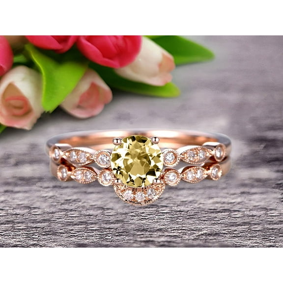 2 Carat 6mm Round Cut Champagne Diamond Moissanite Bridal Set Engagement Ring With Matching Band 10k Rose Gold Art Deco Vintage Look