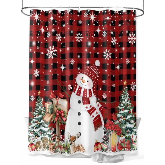 Fsddascl Red Black Plaid Christmas Snowman Shower Curtain Set - 48" x 72" Washable Bathtub Curtain with 12 Hooks, Xmas Tree Elk Balls Snowflake Waterproof Fabric Stall Shower Curtains for Bathroom
