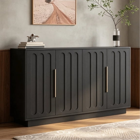 Shaiaield 55" Black Sideboard Buffet Cabinet with Adjustable Shelves,Large Fluted Storage Cabinet with 4 Doors,Modern Wood Sideboard Buffet Cabinets for Living Room