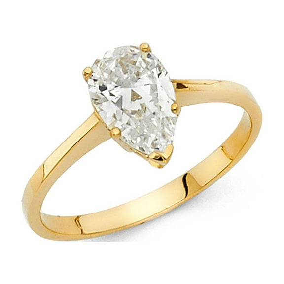 14k Yellow Gold Pear CZ Solitaire Engagement Ring Anniversary Teardrop CZ Band Bridal Drop Ring Size 7