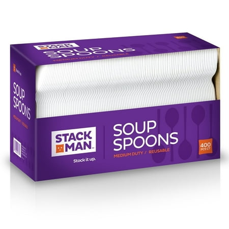 400 Stack - Stack Man Medium Weight Plastic Soup Spoon, White, 400 per Case