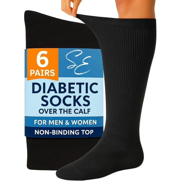 Special Essentials Diabetic Socks for Men & Women – Non-Binding Over The Calf Extra Wide Top Cotton Neuropathy Socks (Black - 6 Pairs, Large)