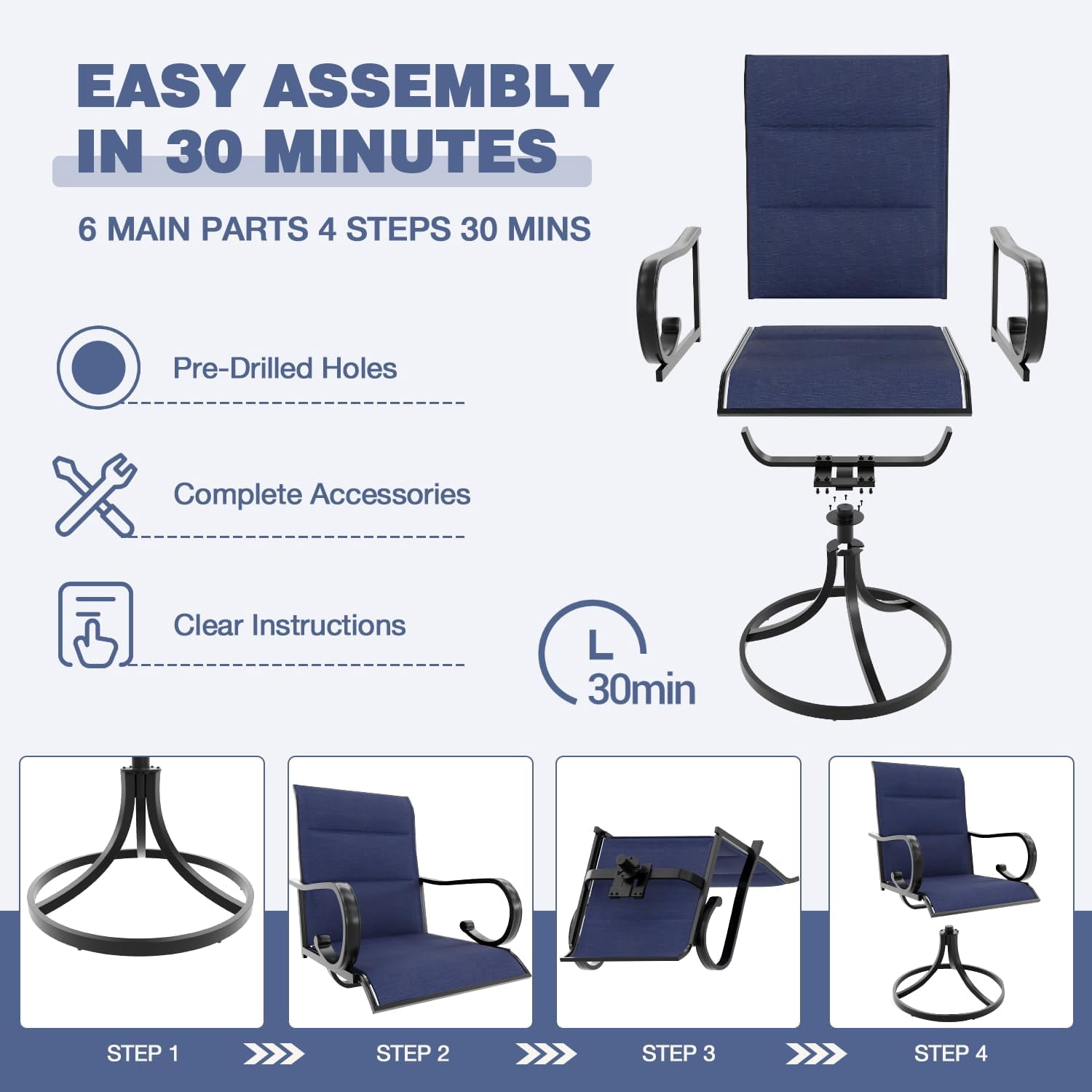 MELLCOM Patio Swivel Chair Set of 2, High Back Padded Textilene Outdoor Dining Chairs with Metal Frame, All-Weather Outdoor Furniture Rocker for Backyard, Navy