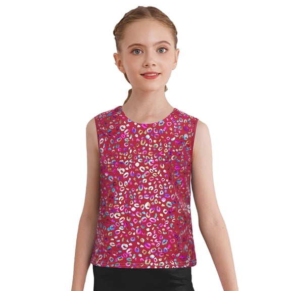 Haitryli Girls Kids Sleeveless Metallic Leopard Tank Tops Athletic Training Sports Vest Hip Hop Dance Outfits Red 170-180