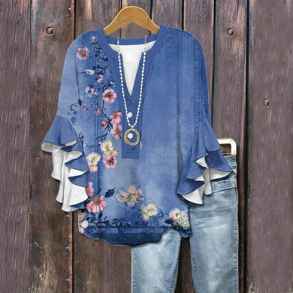 Difdany Womens Tops 3/4 Length Sleeves Floral Shirts Flowy Ruffle Sleeve Tops Half Button Down Shirt Summer V Neck Blouse Blue XXL