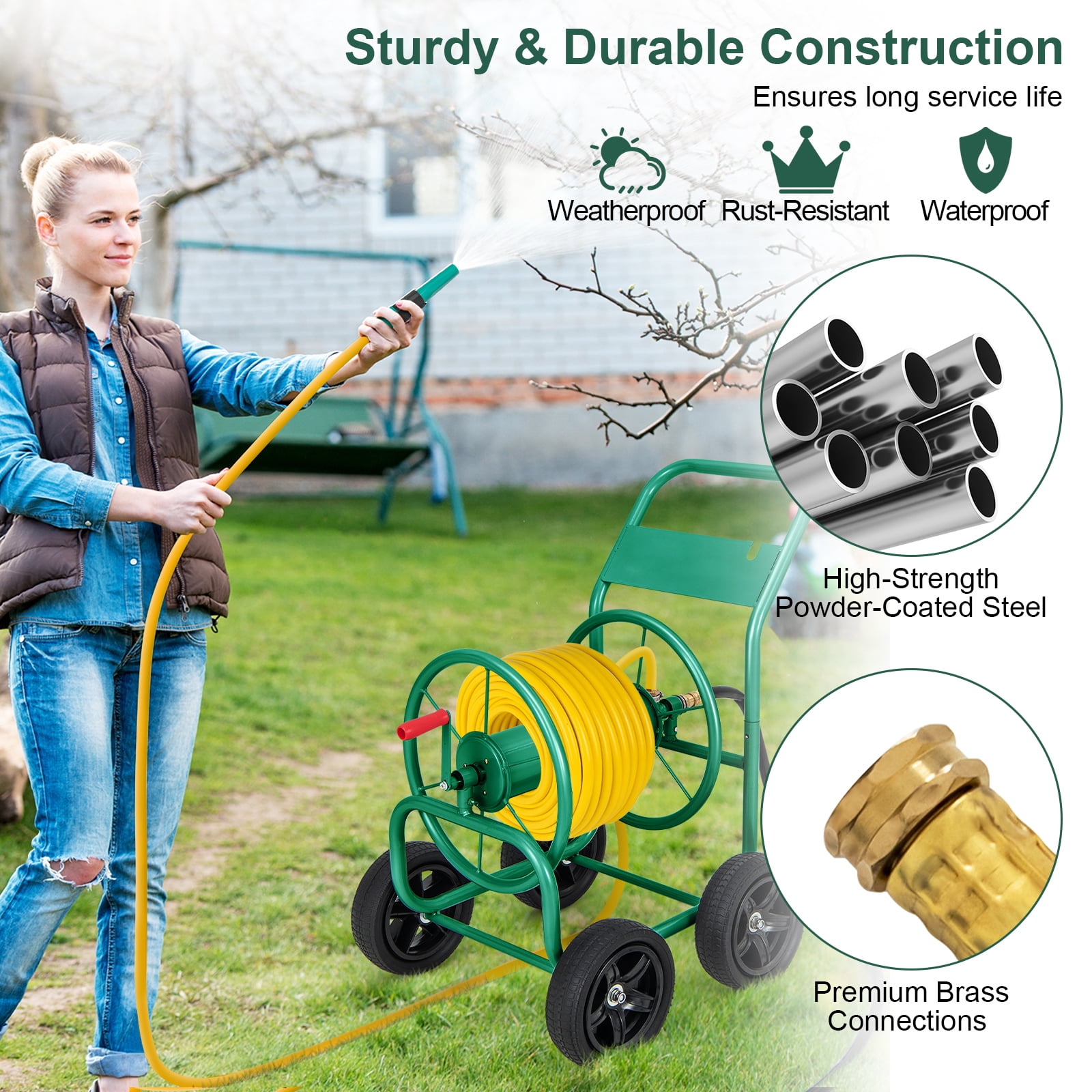 Patiojoy 4-Wheel Garden Water Hose Reel Cart Heavy Duty Wheel Water Planting Cart with Non-slip Crank Handle, Outdoor Slide Hose Guide System Green
