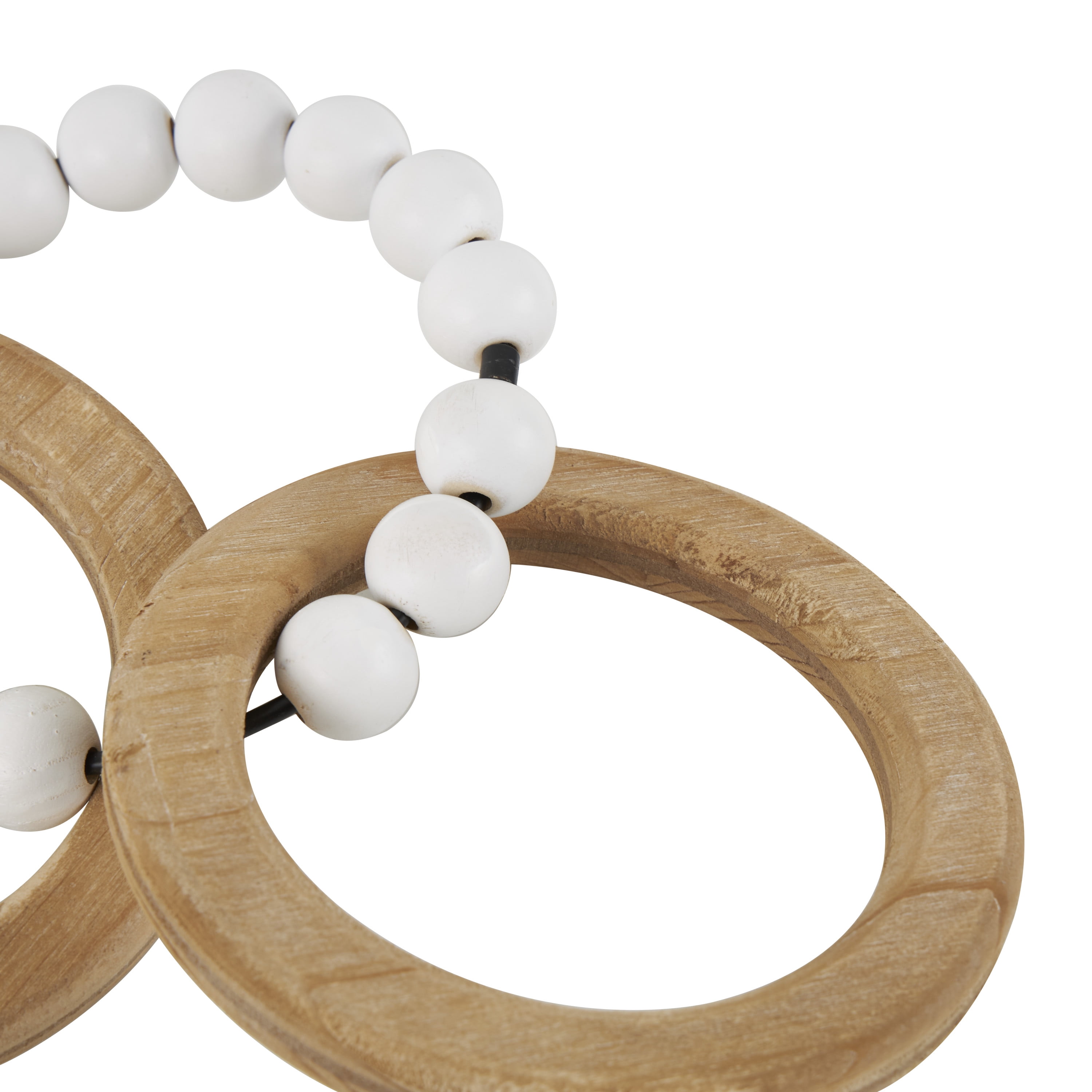 14"W, 2"H Brown Wood Geometric 3 Link Chain Sculpture with White Beaded Accents, by DecMode (2 Count)