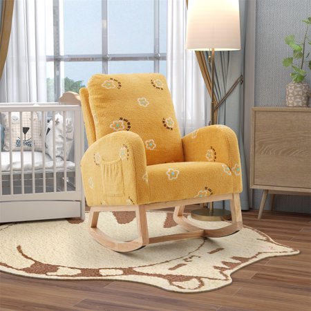 Nursery Rocking Chair  Accent Rocker Armchair with Side Pocket  Upholstered High Back Rocking Chair with Solid Wood Legs  Single Rocker Chair for Living Room  Baby Room  Bedroom  Mustard Boucle